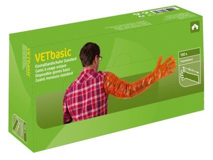 Rukavice veterinární VET basic, 90 cm dlouhé, oranžové, 100ks v kartonu